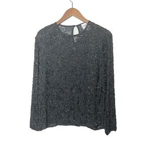 Emanuel Ungaro Sz Small Black Beaded Embellished Long Sleeve Sheer Silk Top